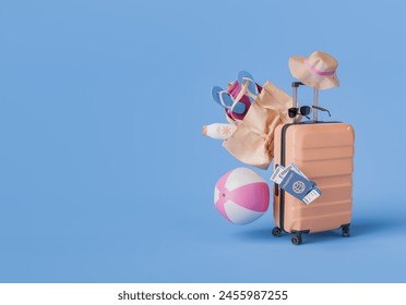 Travel suitcase packed with summer vacation essentials including beach ball, sunglasses, sandals, and sunblock against a vibrant blue background. Ready for summer travel concept. 3d rendering - Powered by Shutterstock