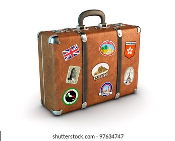 Travel Suitcase with stickers. Clipping path included. Computer generated image.