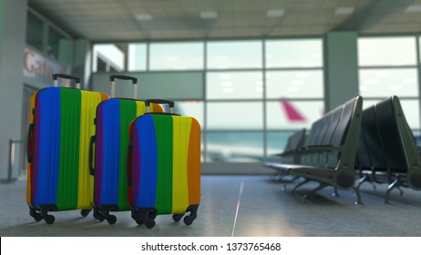 Travel Suitcases With Gay Pride Flag. LGBT Tourism Or Immigration Conceptual 3D Rendering