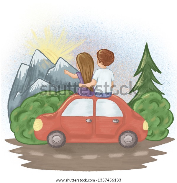 Travel theme raster\
Illustration. Boy and girl sitting on their car and looking at\
sunset in\
mountains