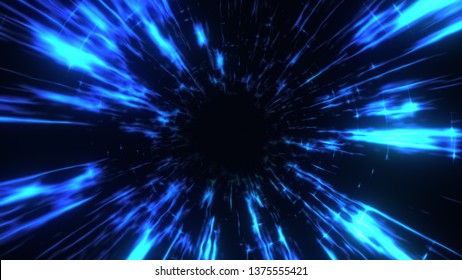 The Travel Through A Blue Wormhole Filled With Star. Warp In Science Black Hole Vortex Hyperspace Tunnel.