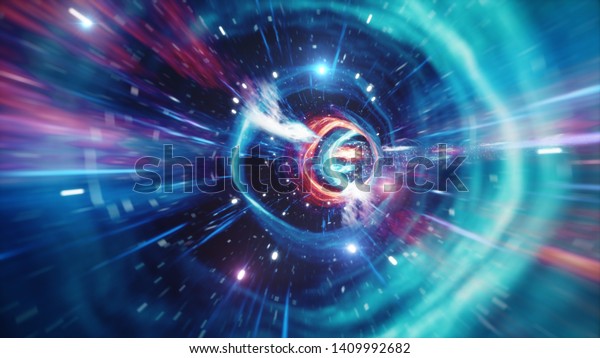 Travel through a wormhole through time and
space filled with millions of stars and nebulae. Wormhole space
deformation, science fiction. Black hole. Vortex hyperspace tunnel.
3D illustration