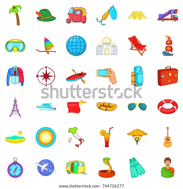 Travel time icons set.\
Cartoon style of 36 travel time  icons for web isolated on white\
background