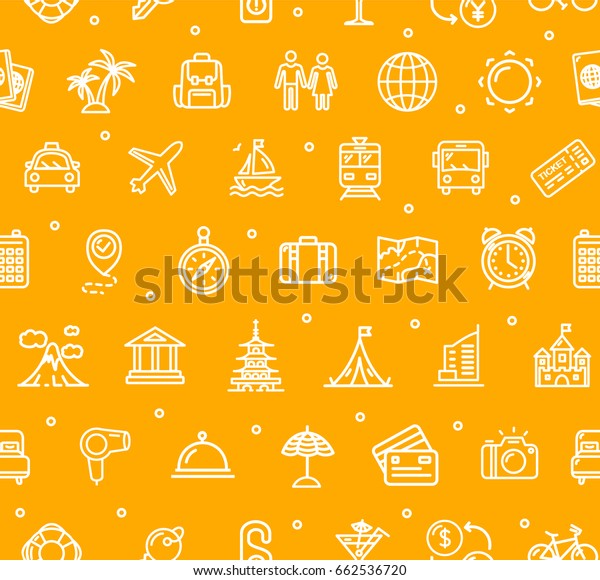 Travel and Tourism Background\
Pattern White Thin Line Icons on Yellow for Web and App. \
illustration
