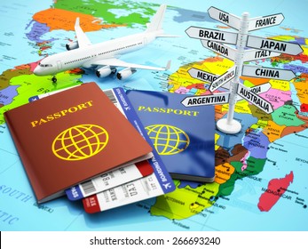 Travel or tourism concept. Passport, airplane, airtickets and destination sign on the map. 3d - Powered by Shutterstock