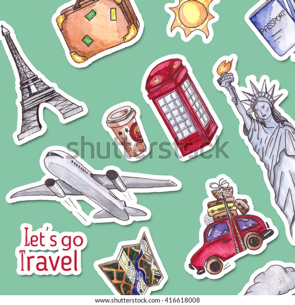 Travel and tourism poster\
template. London red telephone box, Statue of Liberty and the\
Eiffel Tower.  