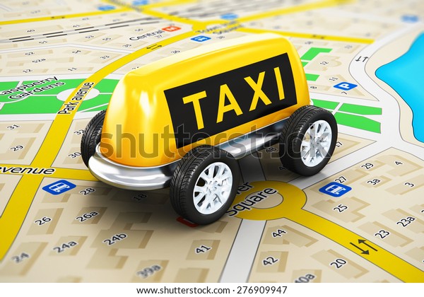 Travel,\
tourism sightseeing and internet web taxi online service business\
transportation concept: macro view of toy car made from yellow taxi\
sign with attached auto wheels on color city\
map
