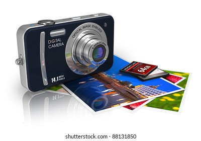 Travel And Tourism/sightseeing Concept: Compact Digital Camera, Memory Cards And Set Of Photos Isolated On White Reflective Background