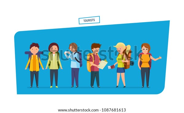 Travel of tourists. Men and women travelers\
character person with backpacks in various situations: take photos,\
look for a road, catch car, walk. Modern illustration isolated in\
cartoon style.