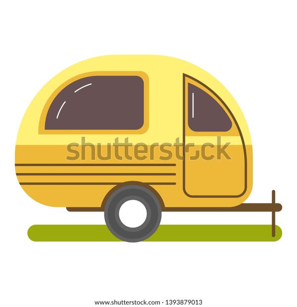 Travel trailer caravanning in yellow color isolated\
on white