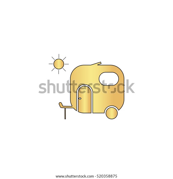 Travel trailer. Flat gold icon with\
black stroke. Simple illustration on white\
background