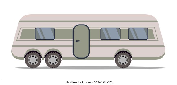 Travel Trailer Flat Illustration. Road Trip Van, Vehicle. Mobile Home Isolated Sticker. Compact Travelling Motorhome. Movie Star Living Bus. Modern RV Caravan Isolated Drawing. Raster Copy