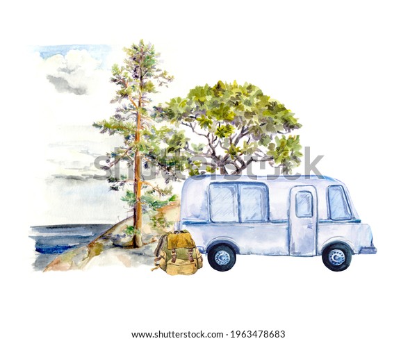 Travel trailer, van car with touristic backpack and lake\
landscape with water view and pine tree. Automobile tourism\
watercolor 