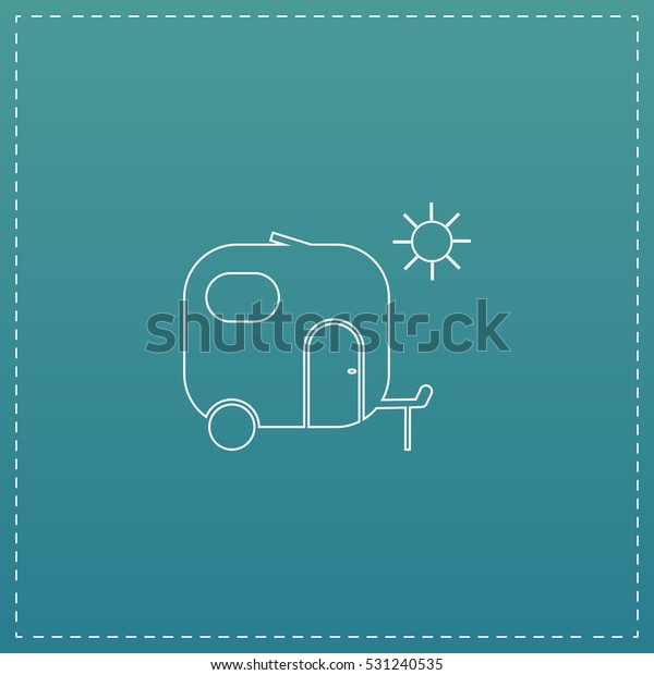 Travel trailer. White outline simple pictogram on\
blue background. Line\
icon
