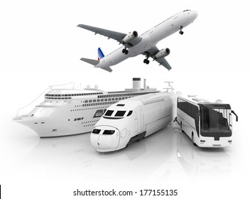 travel transport. Ship, train, bus and plain on white bacground