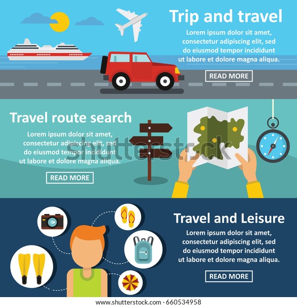Travel trip\
banner horizontal concept set. Flat illustration of 3 travel trip \
banner horizontal concepts for\
web