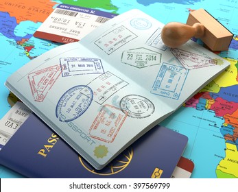 Концепция путешествий или туризма. Открыт паспорт с визовыми марками с билетами на посадочный талон и штампом на карте мира. 3d