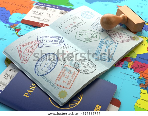 Travel or turism concept. Opened passport with visa\
stamps with airline boarding pass tickets and stamper on the world\
map. 3d