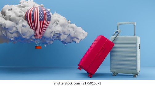 Travel In USA, The Concept Of Traveling In USA, Luggage, Balloon In The Clouds And The Flag Of USA, 3D Work And 3D Image