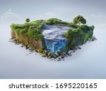 Travel and vacation background. 3d illustration with cut of the ground and the grass landscape with the cut of the pond. Baby nature isolated on white.