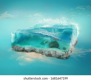 Travel and vacation background. 3d illustration with cut of the ground and the beautiful sea underwater. Baby sea isolated on blue.