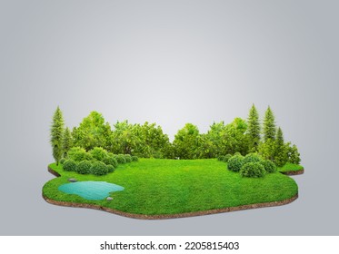 Travel And Vacation Background. 3d Illustration With Cut Of The Ground And The Grass Landscape. The Trees On The Island And Rocks.