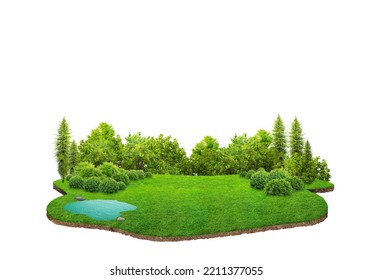 Travel and vacation background. 3d illustration with cut of the ground and the grass landscape. The trees on the island and rocks. blue sky with clouds isolated on background.