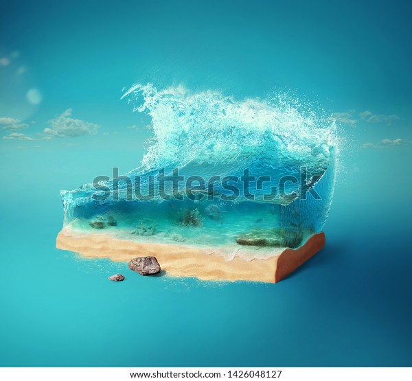 旅行と休暇の背景 地面の切り取り線と3dイラストと海中の美しい海 青の背景に赤ちゃんの海 のイラスト素材