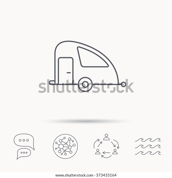 Travel van icon.\
Holiday camper sign. Global connect network, ocean wave and chat\
dialog icons. Teamwork\
symbol.