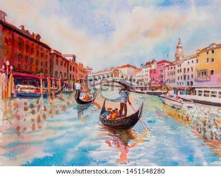 Travel Venice canal with tourist on gondola. Painting landmark Italy with historic view Italy. Watercolor landscape original painting multicolored on paper, illustration landmark of the world.