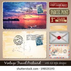 Travel Vintage Postcard Design With Antique Look And Distressed Style. Includes A Lot Of Paper Elements And Postage Stamps.