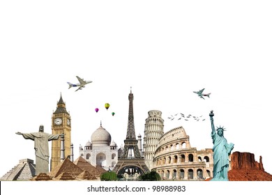 Travel the world monuments concept on white background