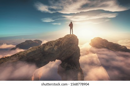 Traveler with a backpack standing on a mountain peak above clouds.  this is a 3d render illustration - Powered by Shutterstock