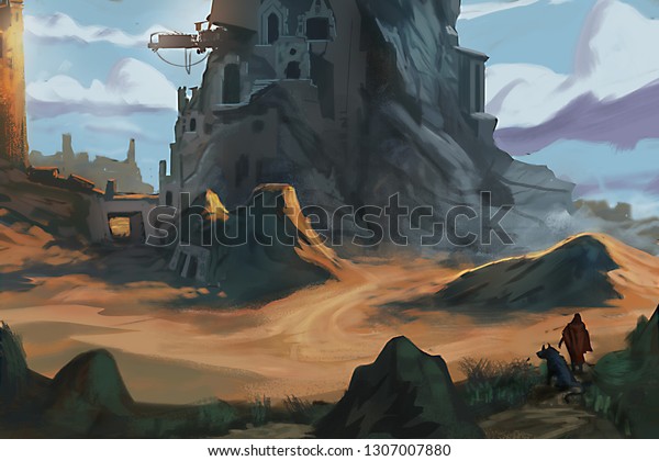 岩だらけの砂漠の古代文明の要塞に歩み寄る旅人と犬 デジタルファンタジーの風景画 のイラスト素材