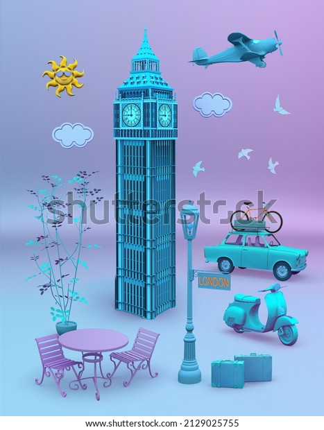 Traveling\
abstract concept image showing a representation of the Big Ben\
clock tower, distinctive symbol of the city of London and top\
tourist attraction. 3D rendered\
illustration