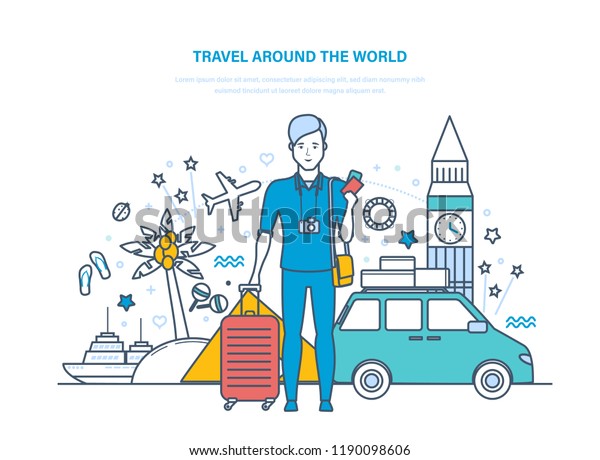 Traveling around the world. Traveling by car,\
trip through Europe and tropical countries. Holding vacation and\
holidays, in summer in Europe, relaxing, culture. Illustration thin\
line design.