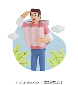 Traveling Boy In Trip Holding Paper Map 3d Character Illustration