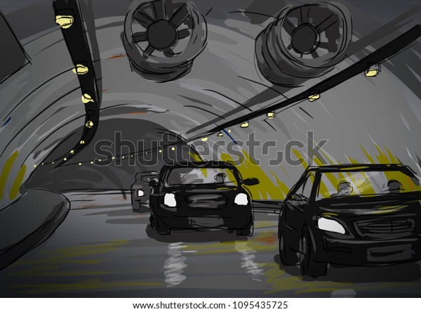 Traveling with car under the sea in the tunnel\
illustration, travel and business concept, hand drawn sketch color\
drawing
