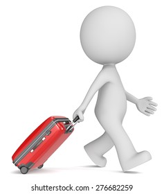 Traveling.  The dude 3D character walking with red modern suitcase.