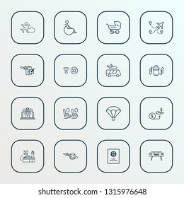 Traveling Icons Line Style Set With Airport Building, Flight Date, Compensation And Other Baby Carriage Elements. Isolated  Illustration Traveling Icons.