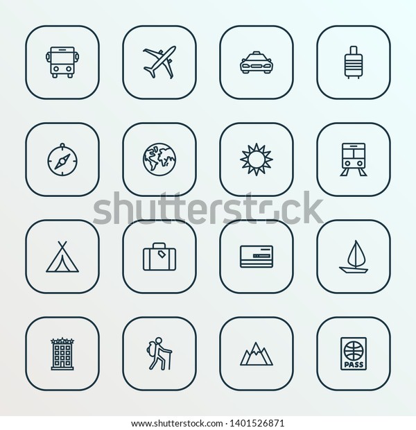 Traveling icons line style set with tourist, bank\
card, compass and other credit  elements. Isolated  illustration\
traveling\
icons.