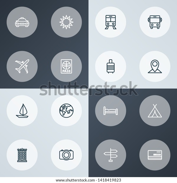 Traveling icons line style set with bed, airplane,\
signpost and other bedstead elements. Isolated  illustration\
traveling\
icons.