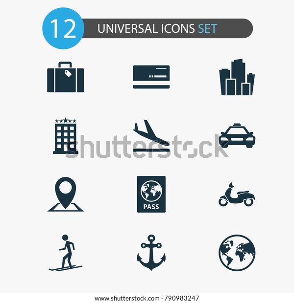 Traveling icons set with mastercard, slalom,
certificate and other scooter elements. Isolated  illustration
traveling
icons.