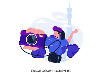 Traveling modern flat concept for web banner design. Woman traveler making selfie on camera posing at Eiffel tower in Paris, sightseeing in travel. Illustration with isolated people scene