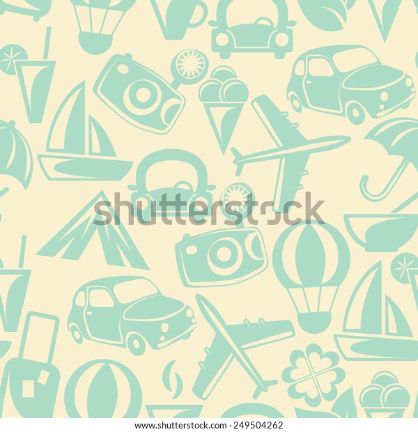 Traveling pattern. Retro travel icons. Colorful seamless\
background. 