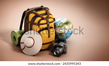 Traveller's backpack, hat, globe, camera and sleeping mats. 3D illustration.