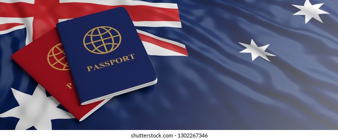 Travelling To Australia, Immigration Or Tourism. Two Passports On Australian Flag Background, Banner, Copy Space. 3d Illustration