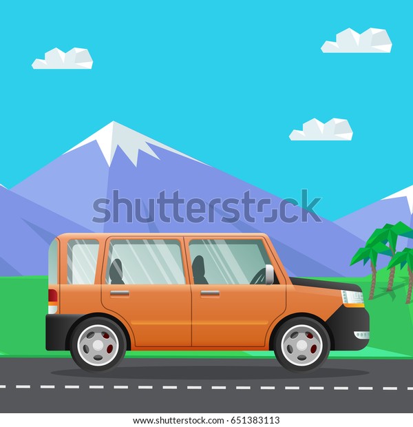 Travelling by car. Big orange auto on road\
near mountains. Speed mean of transportation on highway to huge\
hills. Green grass and growing palms with blue sky on background.\
illustration