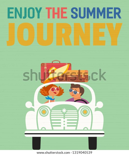 Travelling by car concept. Young happy\
travellers take a trip by retro automobile. Family couple enjoy the\
journey. Summer vacation touring by auto. Cute cartoon. Colorful\
quirky people\
illustration