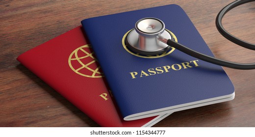 Travelling For Health, Medical Tourism. Blue And Red Passports And Stethoscope On Wooden Background. 3d Illustration